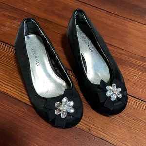 Black satin dress shoe with rhinestone detail